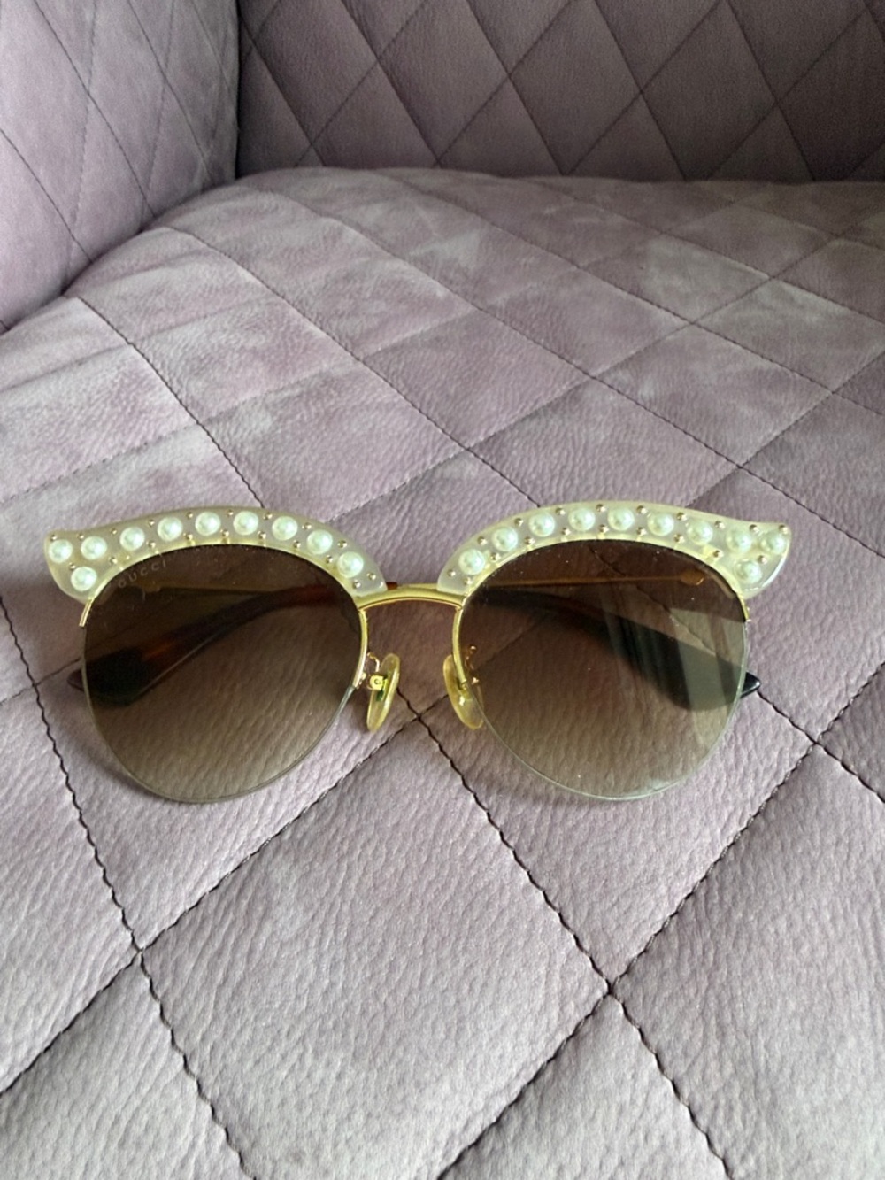 Gucci Gold Cat-Eye Sunglasses with Pearl Accents and Brown Gradient Lenses